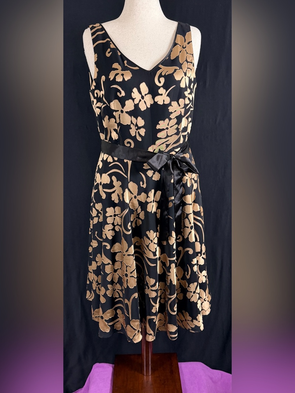 Alex Marie Dress Black Midi Tea Length Gold Floral Pattern tie Belt evening
